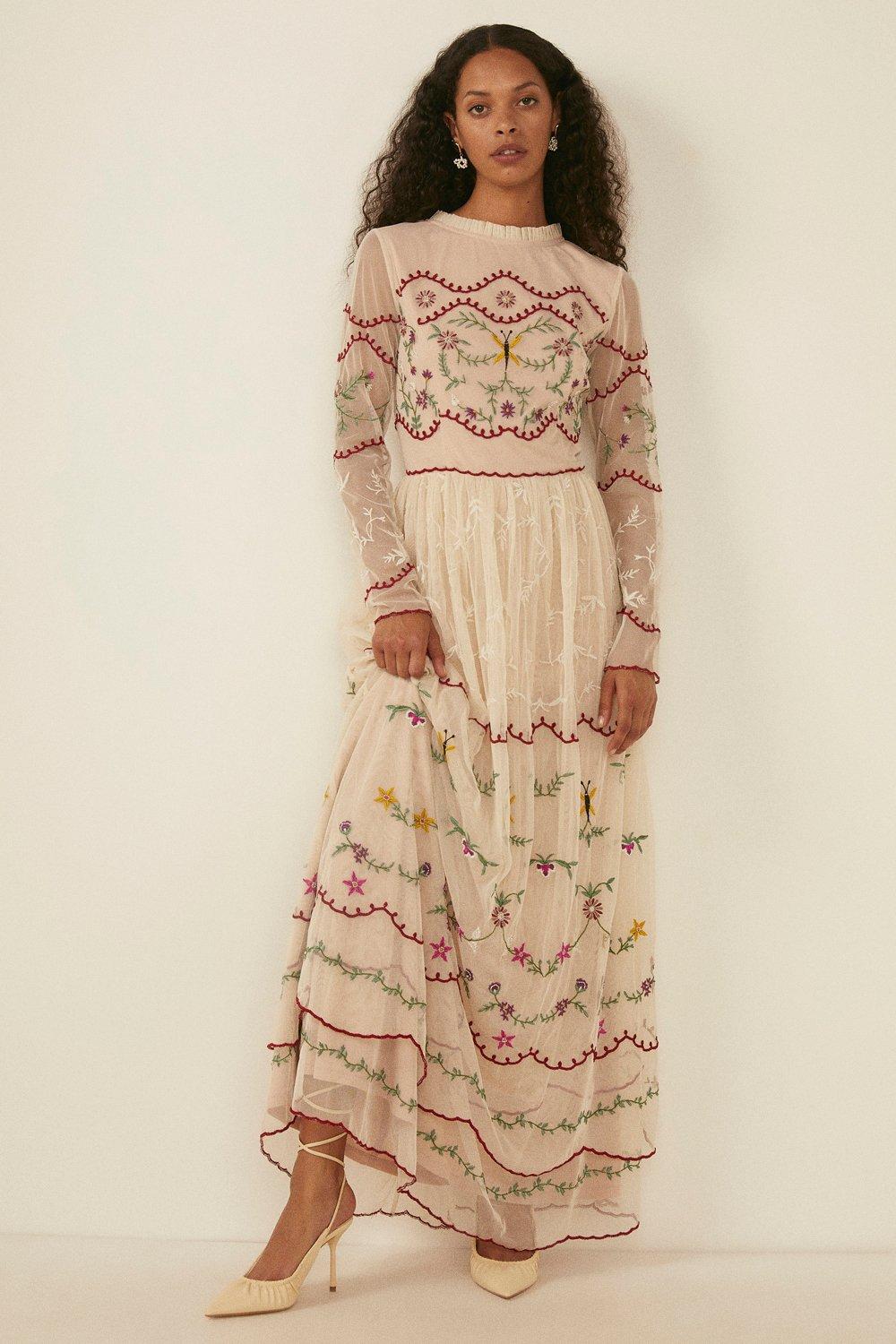 Dragonfly Embroidered Mesh Maxi Dress ...